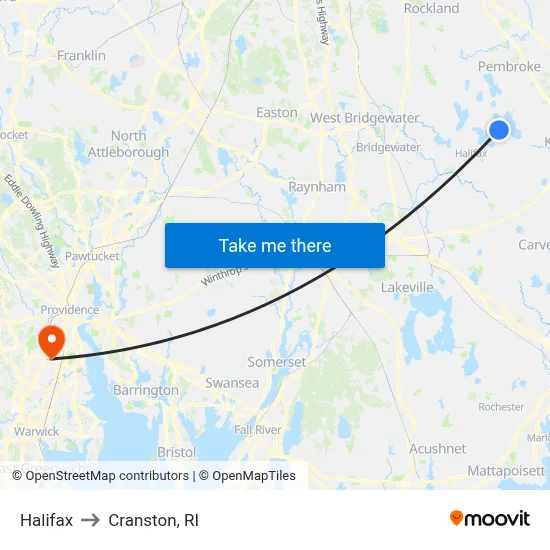 Halifax to Cranston, RI map