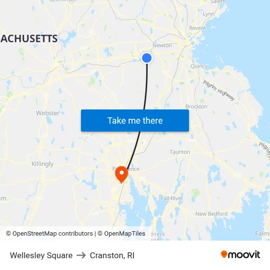 Wellesley Square to Cranston, RI map