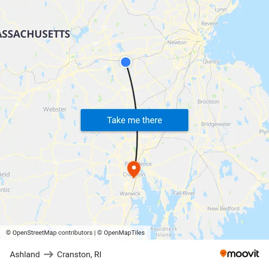 Ashland to Cranston, RI map