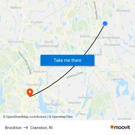 Brockton to Cranston, RI map