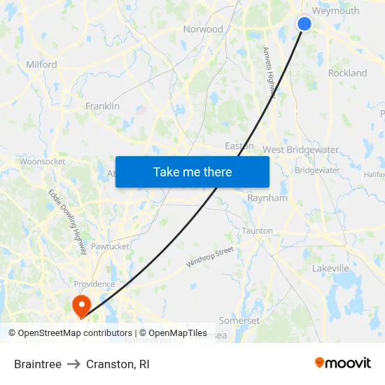 Braintree to Cranston, RI map