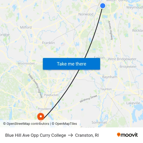 Blue Hill Ave Opp Curry College to Cranston, RI map