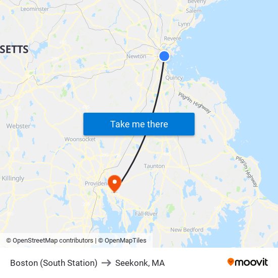 Boston (South Station) to Seekonk, MA map