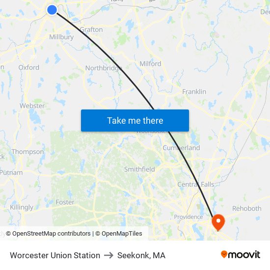 Worcester Union Station to Seekonk, MA map