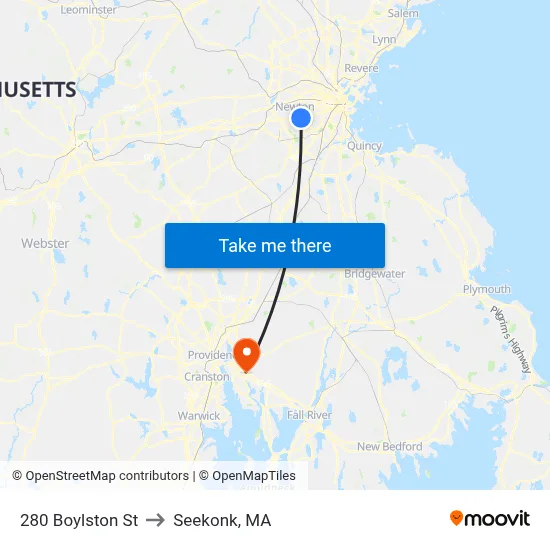 280 Boylston St to Seekonk, MA map