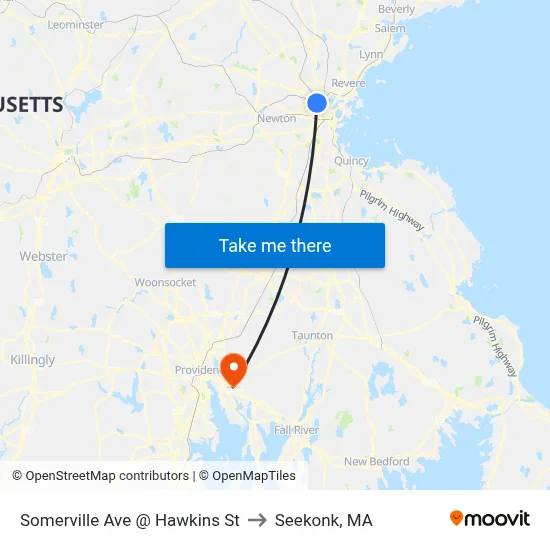 Somerville Ave @ Hawkins St to Seekonk, MA map