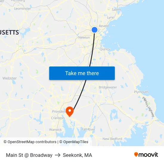 Main St @ Broadway to Seekonk, MA map