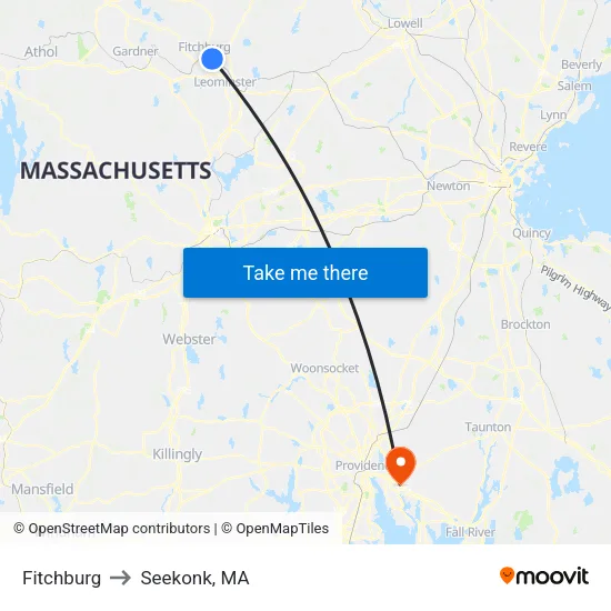 Fitchburg to Seekonk, MA map