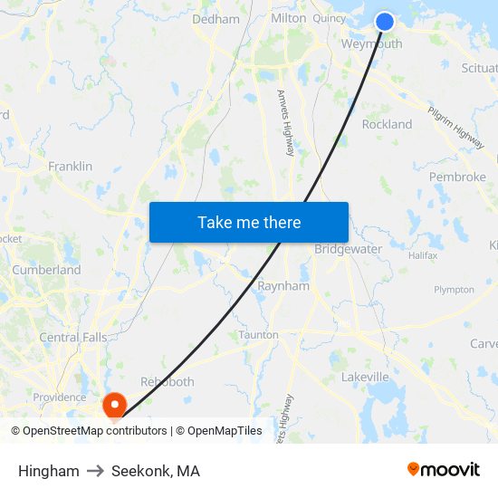 Hingham to Seekonk, MA map