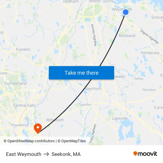 East Weymouth to Seekonk, MA map