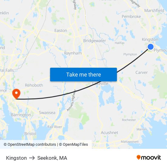 Kingston to Seekonk, MA map