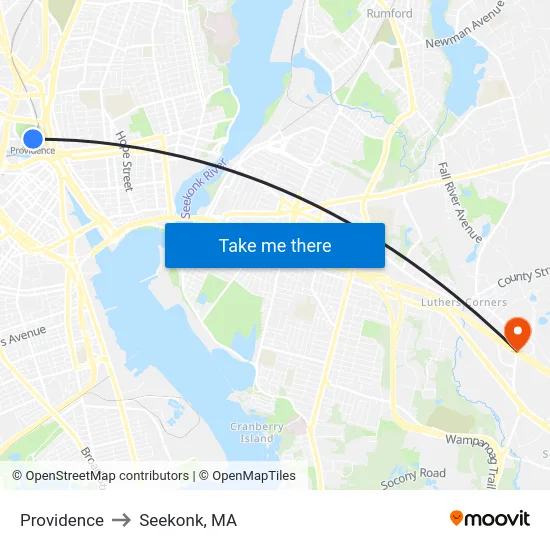 Providence to Seekonk, MA map