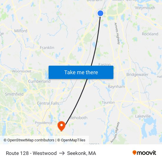 Route 128 - Westwood to Seekonk, MA map