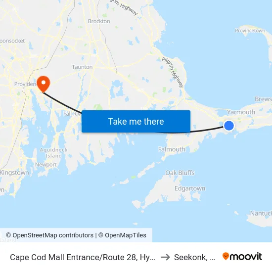 Cape Cod Mall Entrance/Route 28, Hyannis to Seekonk, MA map