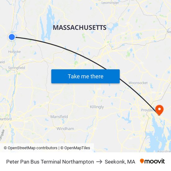 Peter Pan Bus Terminal Northampton to Seekonk, MA map