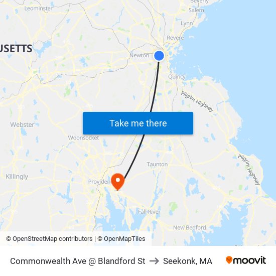 Commonwealth Ave @ Blandford St to Seekonk, MA map