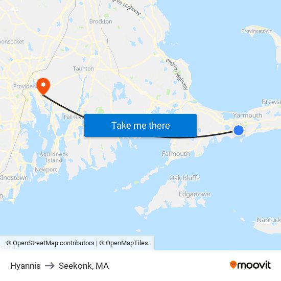 Hyannis to Seekonk, MA map