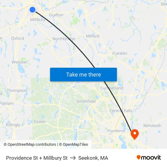 Providence St + Millbury St to Seekonk, MA map