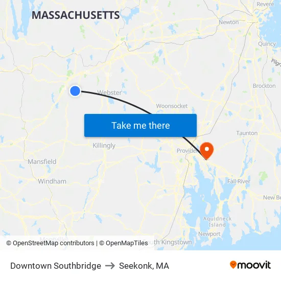 Downtown Southbridge to Seekonk, MA map