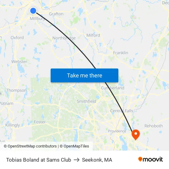 Tobias Boland + Sam's Club to Seekonk, MA map
