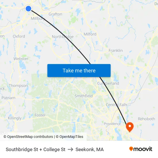 Southbridge St at College to Seekonk, MA map