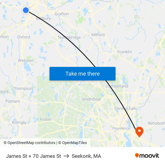 James St + 70 James St to Seekonk, MA map