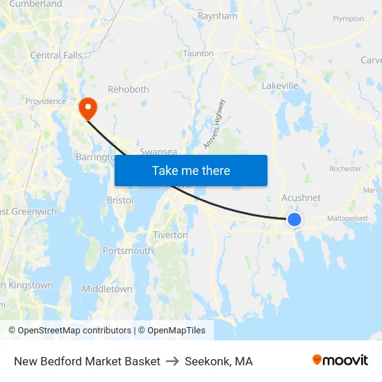New Bedford Market Basket to Seekonk, MA map