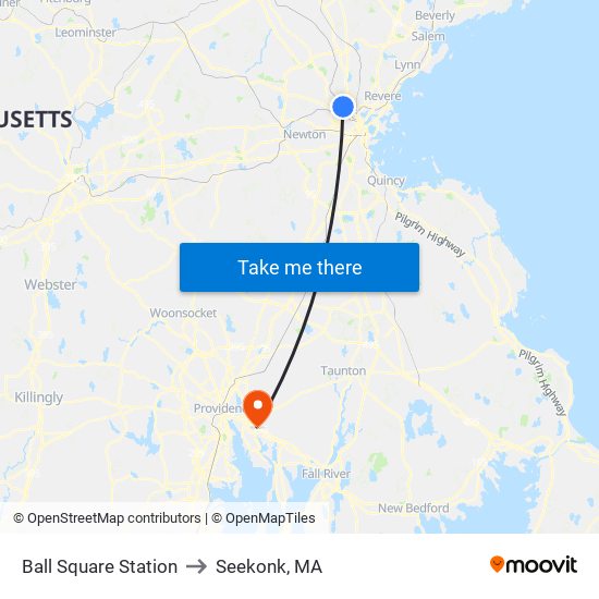 Ball Square Station to Seekonk, MA map