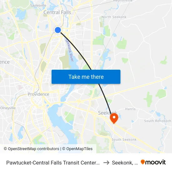 Pawtucket-Central Falls Transit Center (Stop A) to Seekonk, MA map