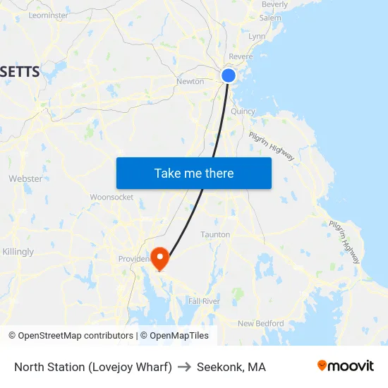 North Station (Lovejoy Wharf) to Seekonk, MA map