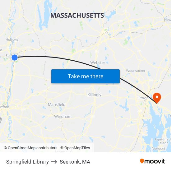 Springfield Library to Seekonk, MA map