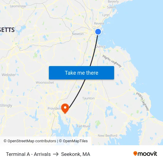 Terminal A - Arrivals to Seekonk, MA map