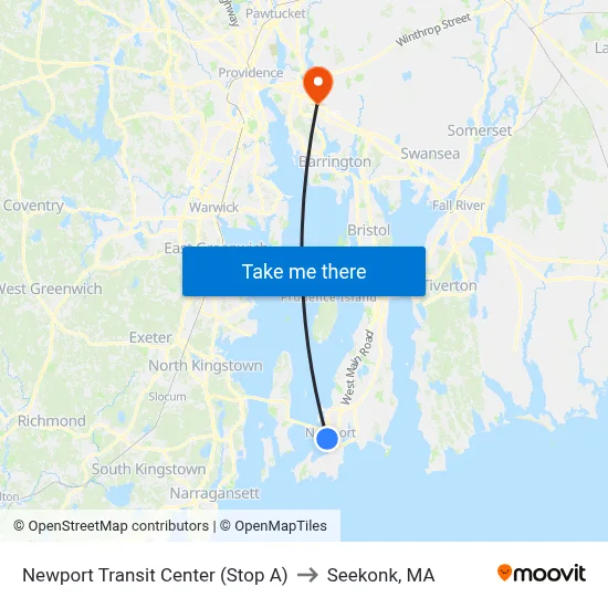 Newport Transit Center (Stop A) to Seekonk, MA map