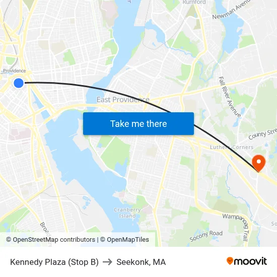 Kennedy Plaza (Stop B) to Seekonk, MA map