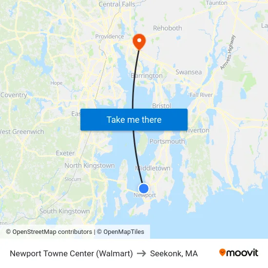 Newport Towne Center (Walmart) to Seekonk, MA map