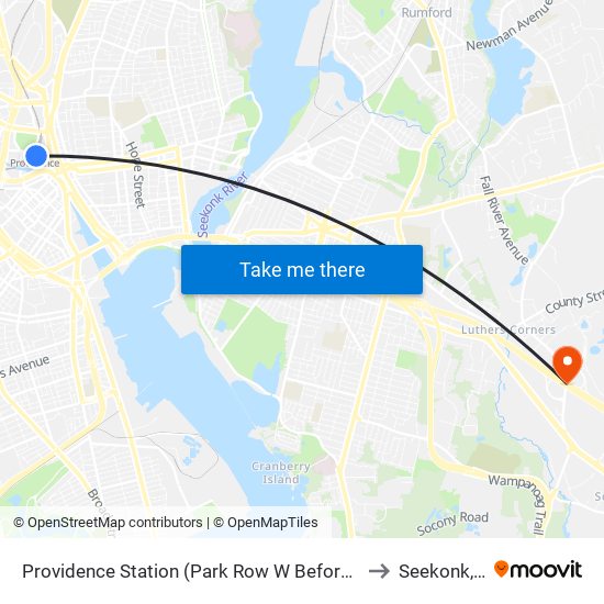 Providence Station (Park Row W Before Exchange) to Seekonk, MA map