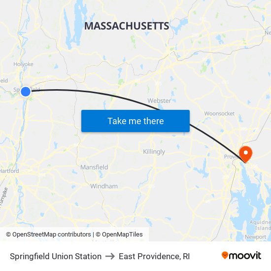 Springfield Union Station to East Providence, RI map