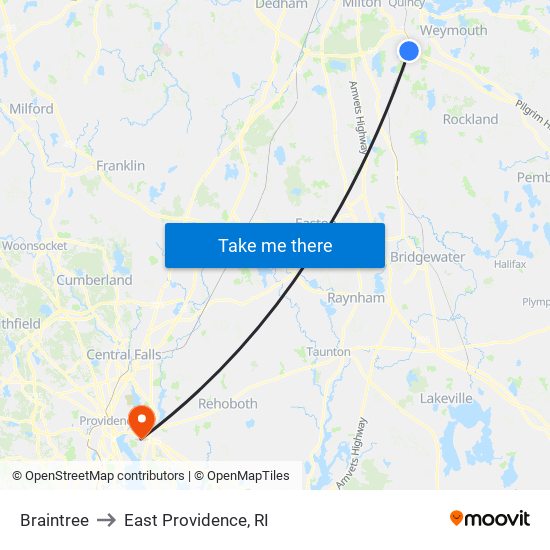 Braintree to East Providence, RI map