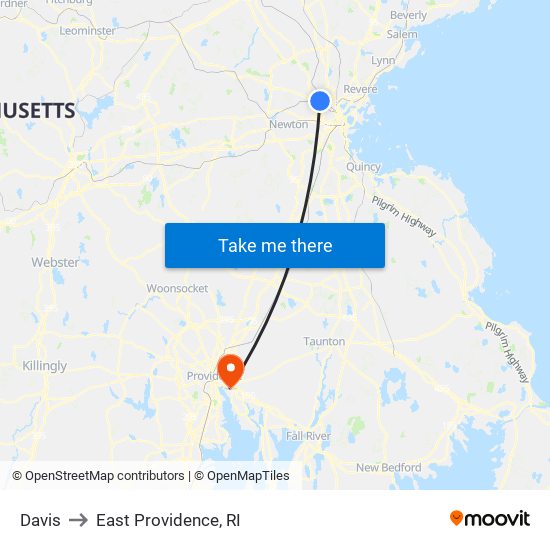 Davis to East Providence, RI map