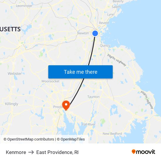 Kenmore to East Providence, RI map