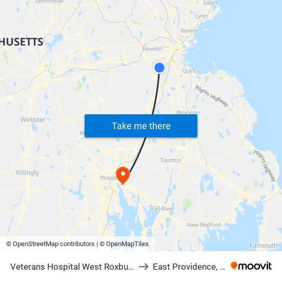 Veterans Hospital West Roxbury to East Providence, RI map