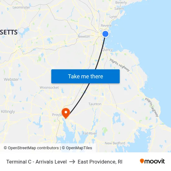 Terminal C - Arrivals Level to East Providence, RI map