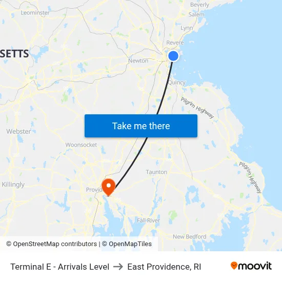 Terminal E - Arrivals Level to East Providence, RI map