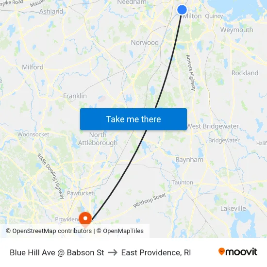Blue Hill Ave @ Babson St to East Providence, RI map