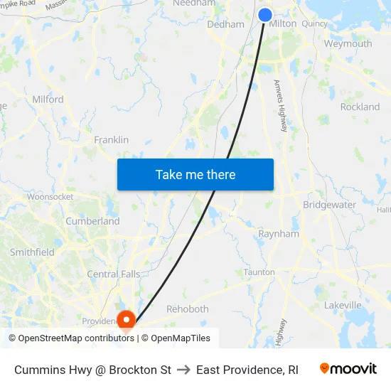 Cummins Hwy @ Brockton St to East Providence, RI map