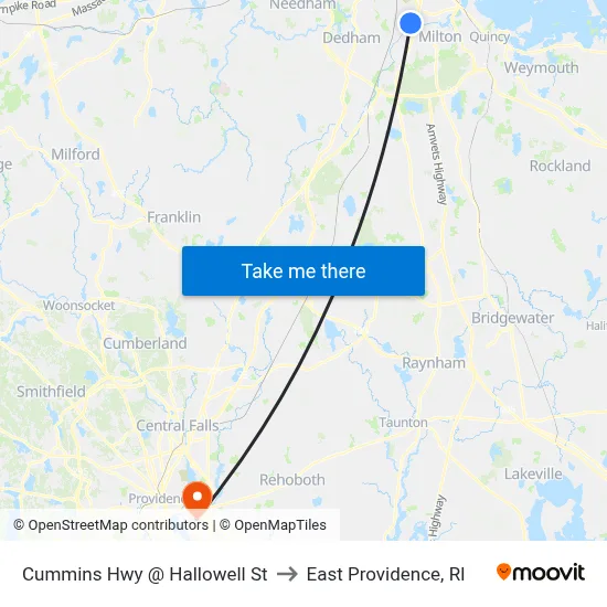 Cummins Hwy @ Hallowell St to East Providence, RI map