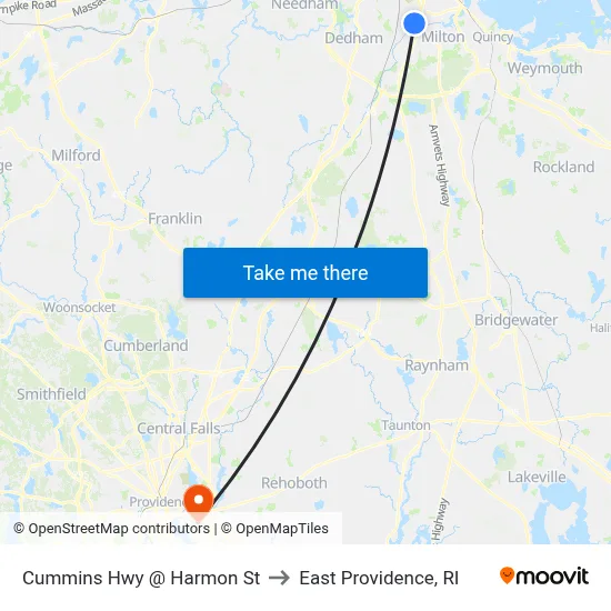 Cummins Hwy @ Harmon St to East Providence, RI map