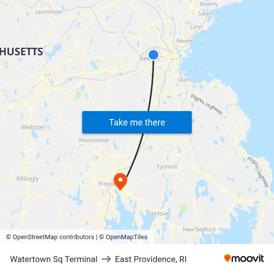Watertown Sq Terminal to East Providence, RI map