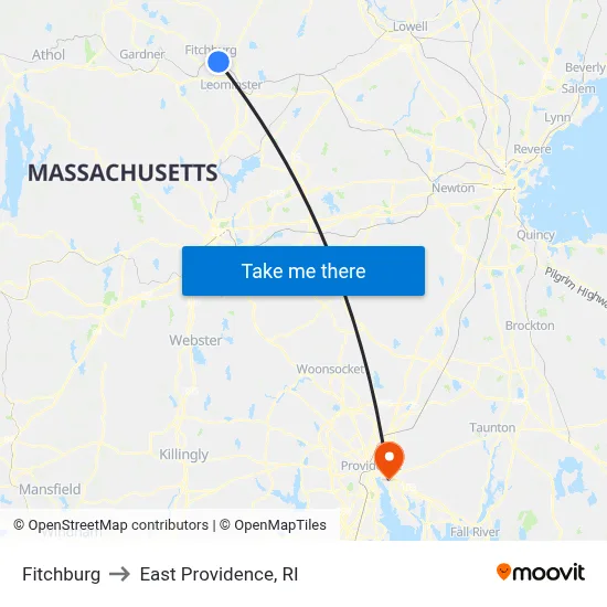 Fitchburg to East Providence, RI map
