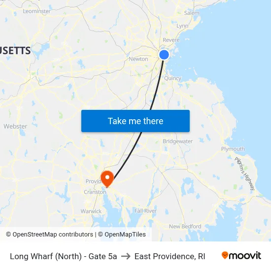 Long Wharf (North) - Gate 5a to East Providence, RI map